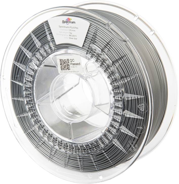 A transparent spool with grey-black 3D printing filament, labelled with 'Spectrum PLA Pro' and specification information.