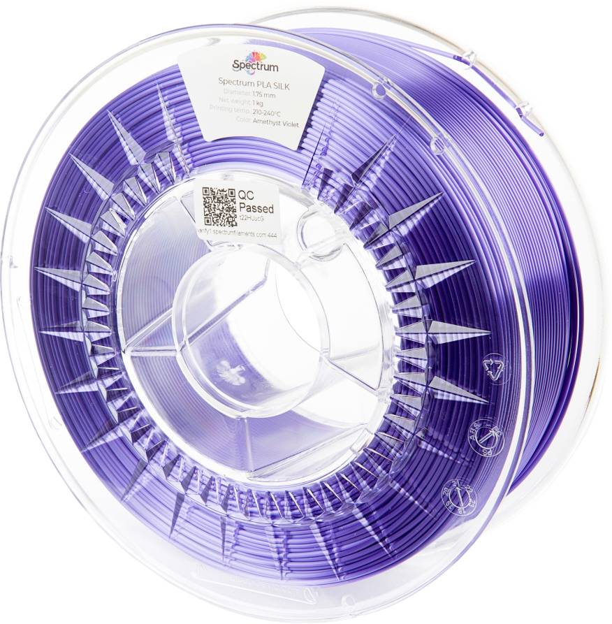 Lilac 3D printing filament on a transparent spool, with stickers for specification and quality control.