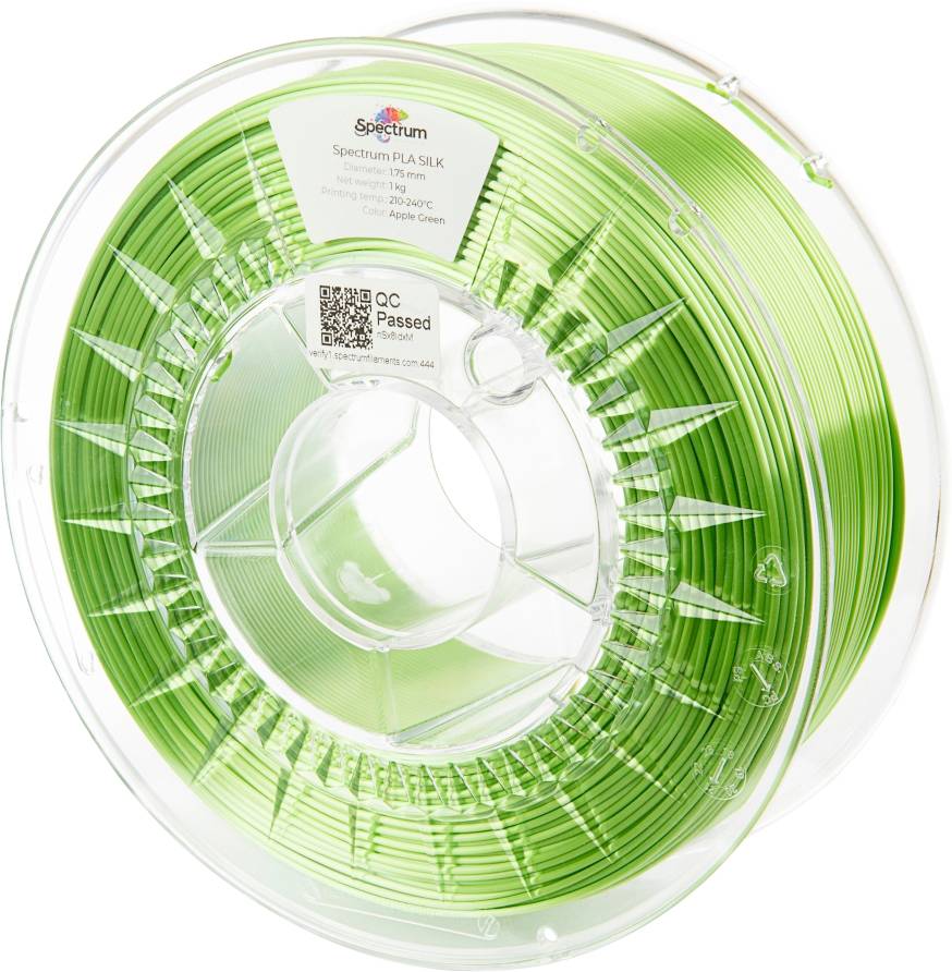 A green PLA filament reel, suitable for 3D printers. The spool is transparent and shows the filament wound inside.