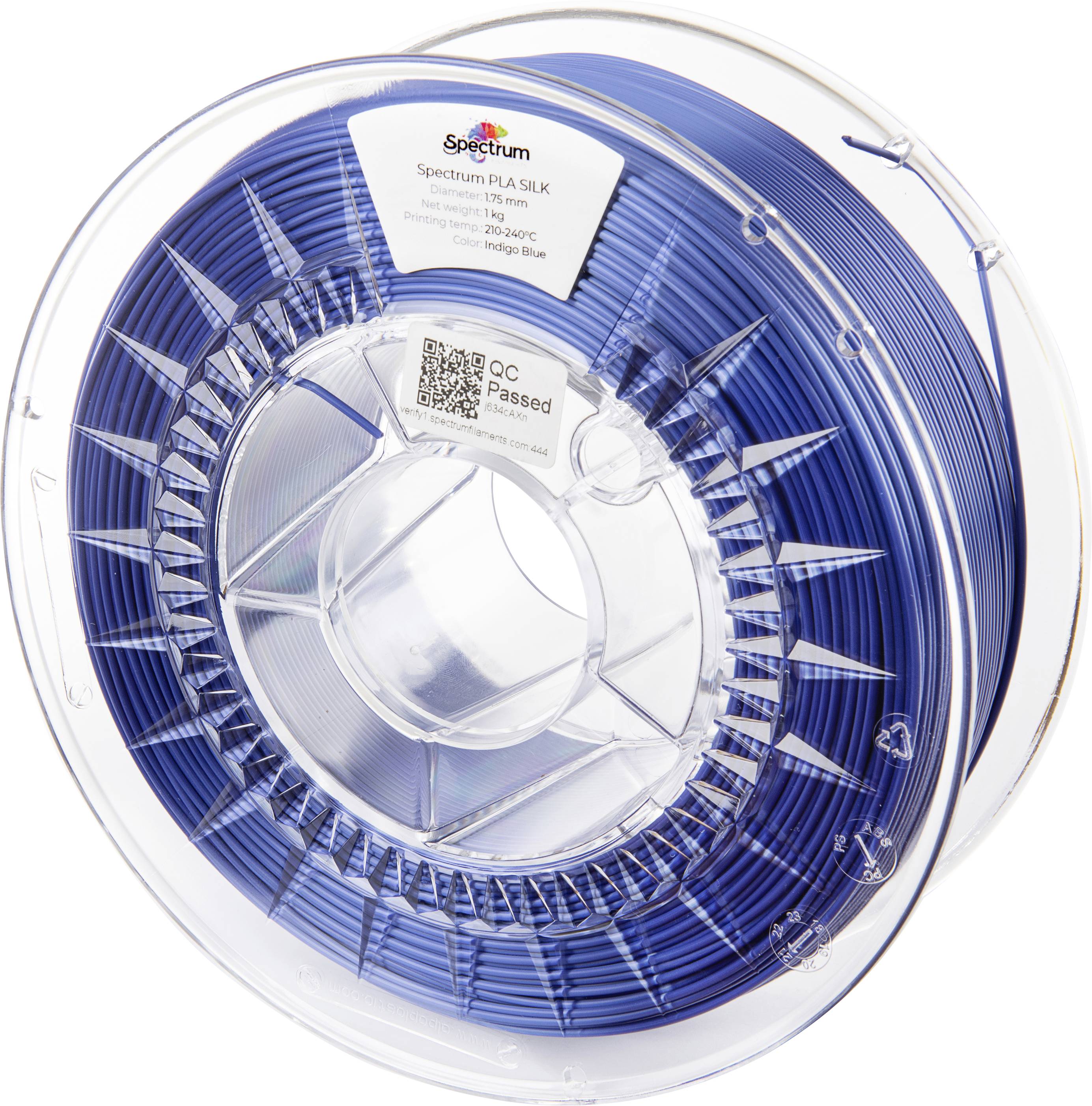 A spool of blue 3D printer filament, labelled with 'Spectrum PLA Silk', with indications for print temperature and quality assurance.