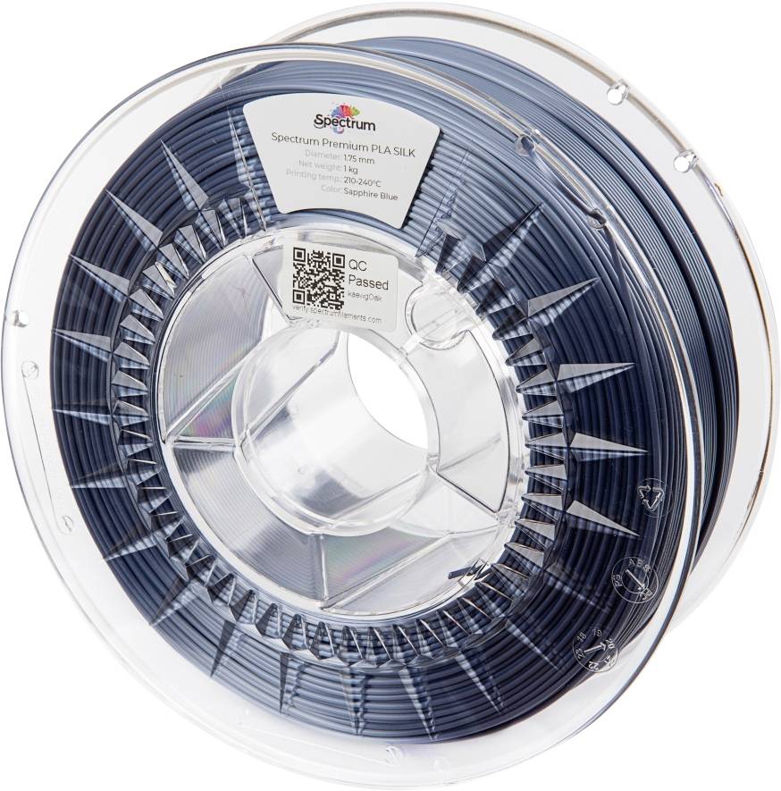 A reel of dark blue PLA filament with product label.