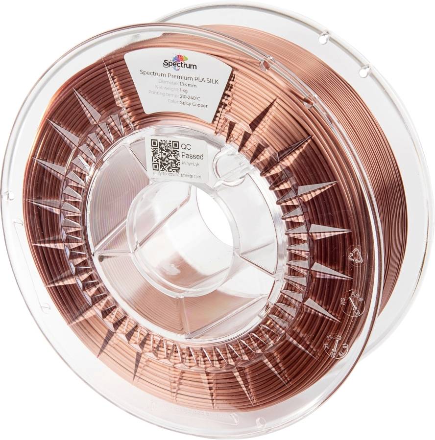 A reel of 3D printer filament in a glossy copper shade, labelled as 'Spectrum Premium PLA Silk'.