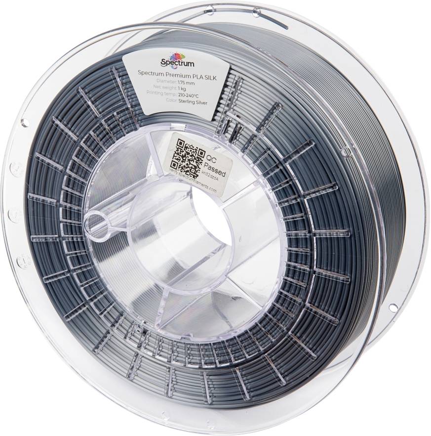 3D printing filament reel made of PLA in a clear, transparent plastic packaging, with a grey filament spool visible.