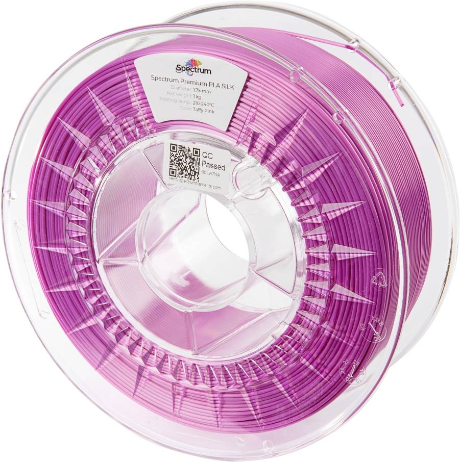 Reel of pink 3D printing filament made from premium PLA, weighing approximately 1 kg, with manufacturer's label visible, photographed from above.
