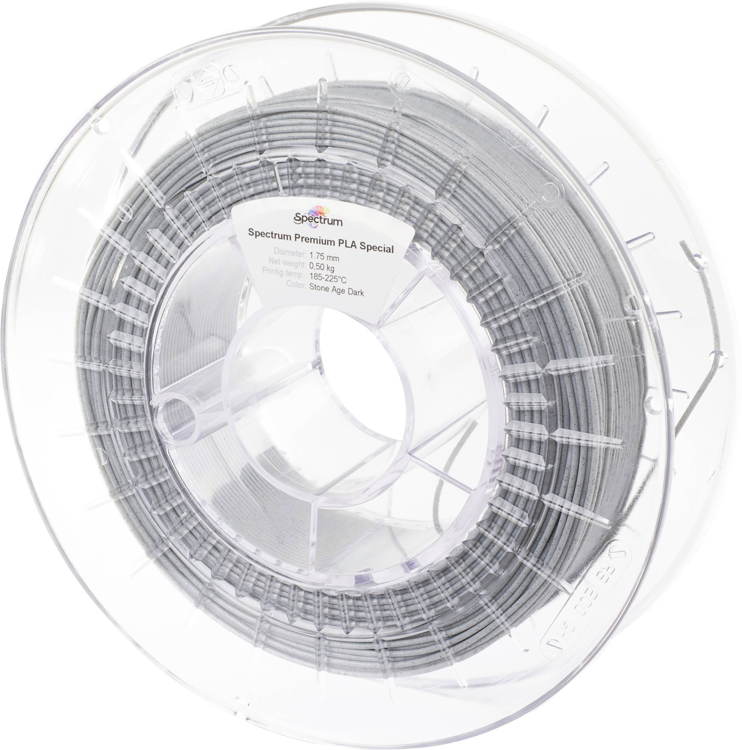 Roll of grey 3D printing filament with transparent plastic casing. Label reads 'Spectrum Premium PLA Special - Stone Age Dark'.