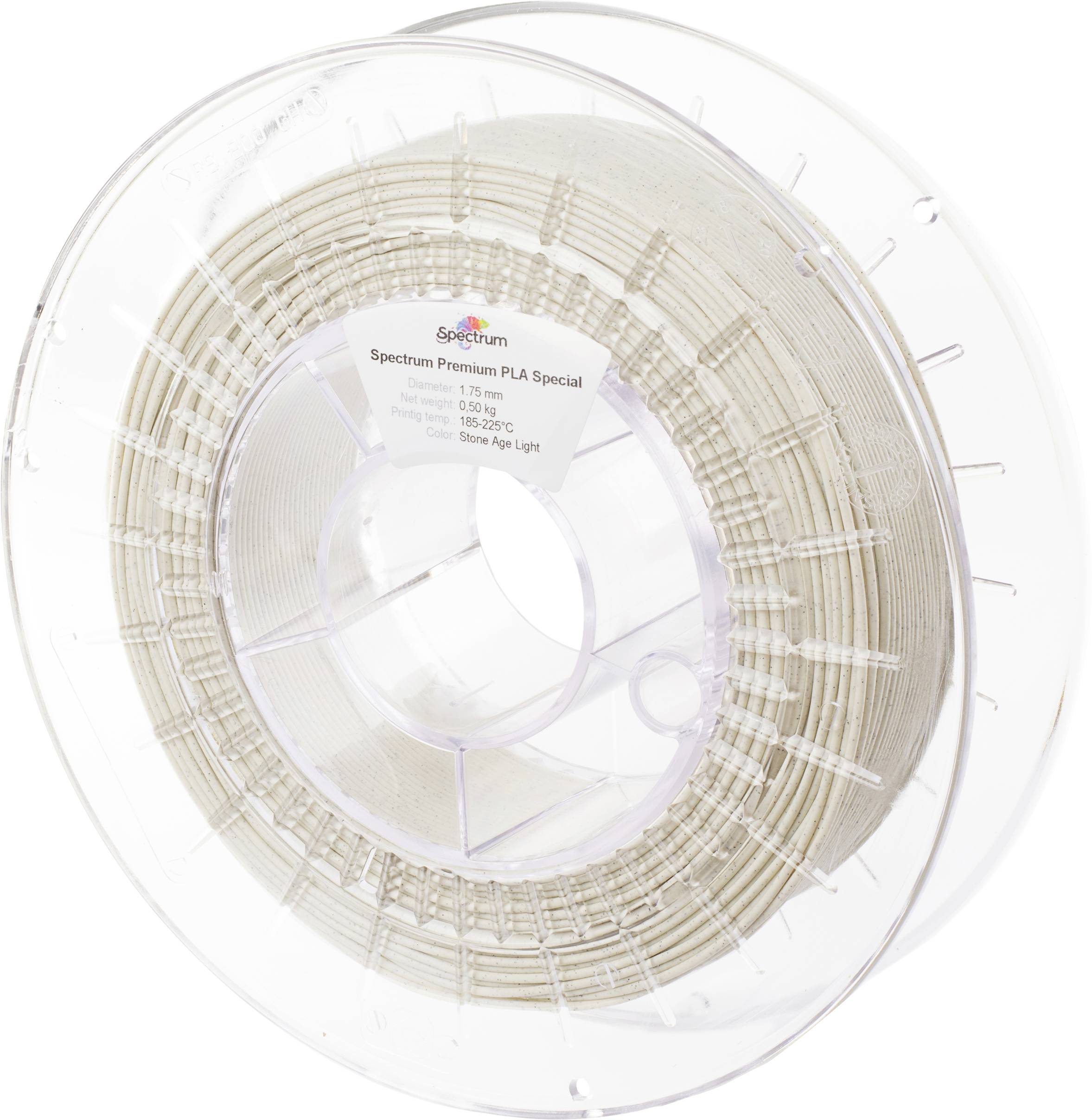 A reel of 3D printer filament in the colour 'Stone Age Light'. The reel is transparent, clearly showing the wound filament.