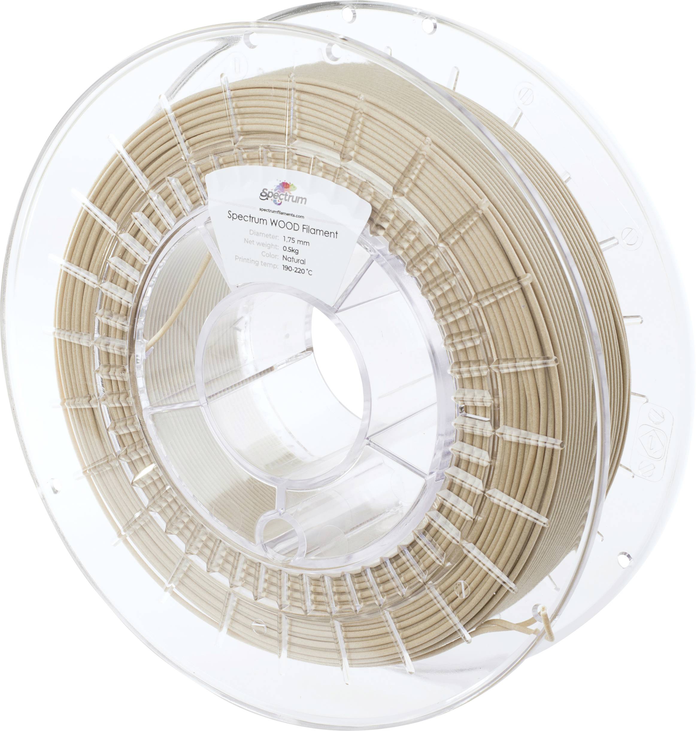 Spool of brown 3D printing material, labelled as 'Spectrum WOOD Filament'. Suitable for temperatures between 190°C and 230°C.