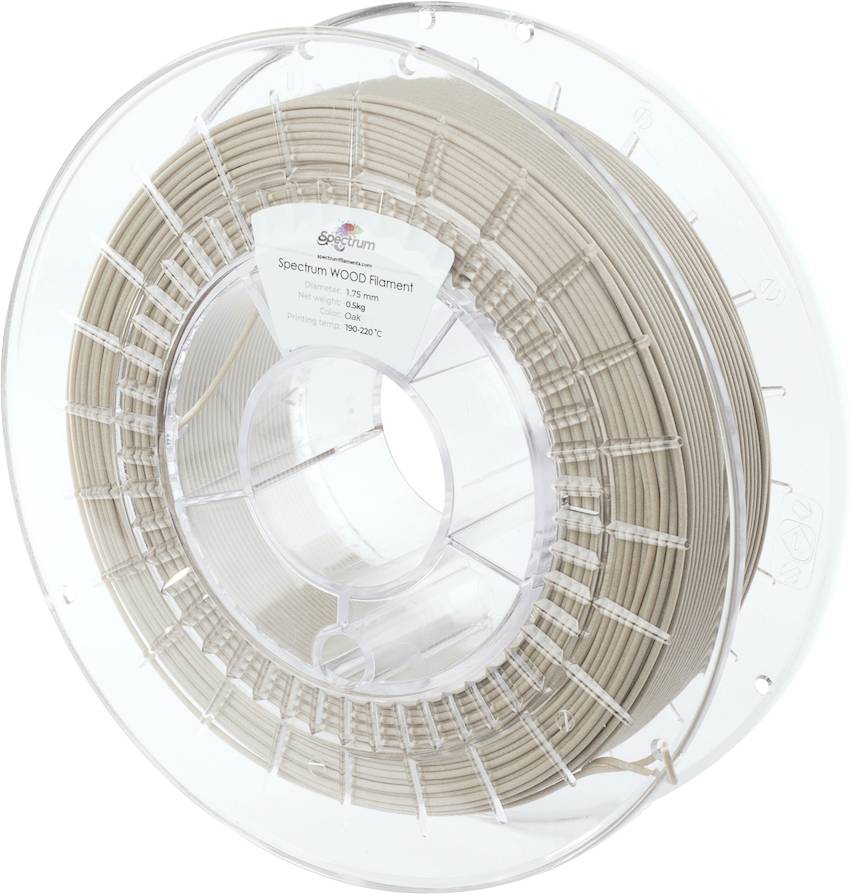 A reel of beige 3D printer filament with the label 'Spectrum WOOD Filament'. Specifications: 1.75 mm diameter, 1 kg.