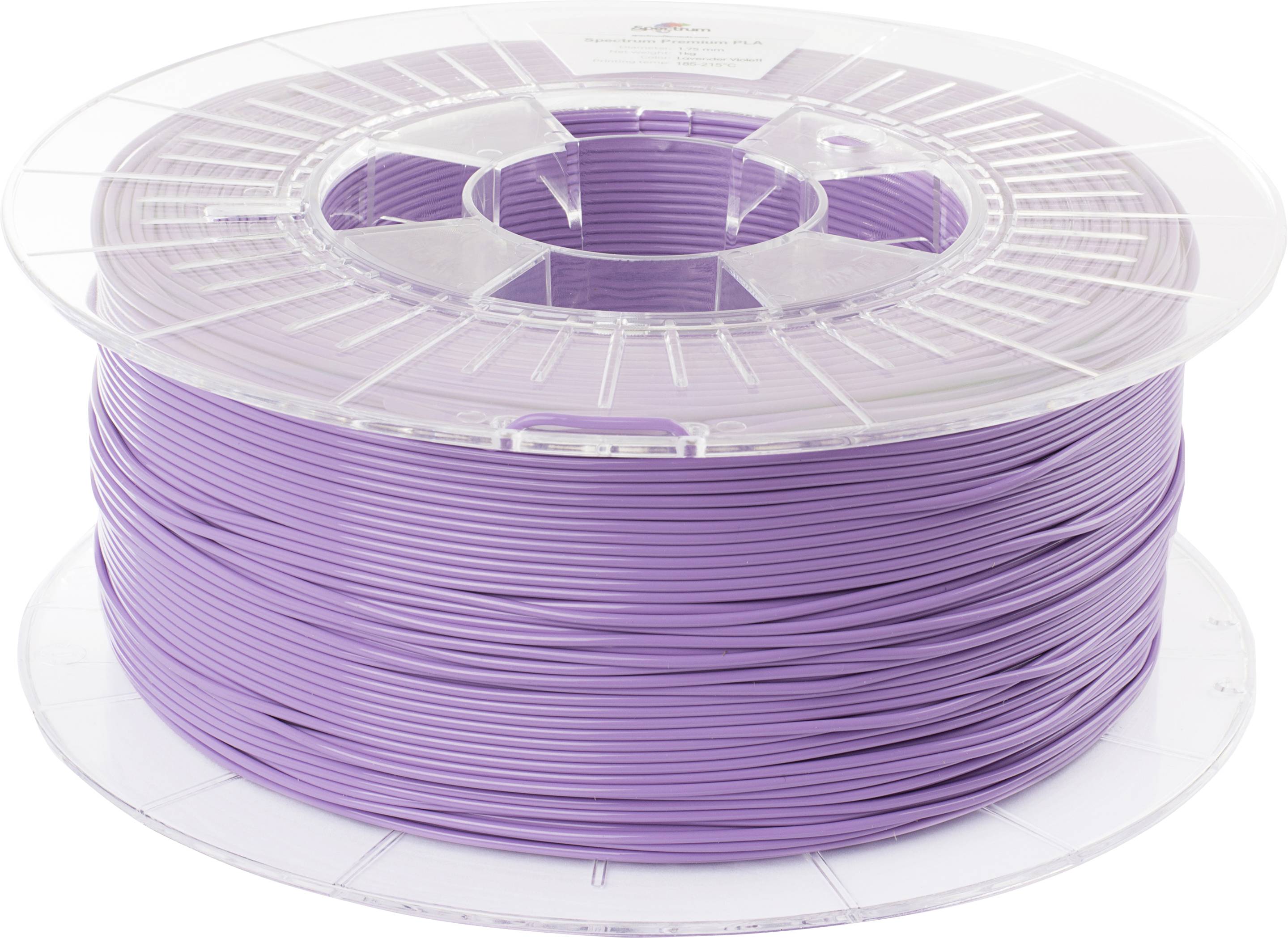 A reel of purple 3D printer filament on a transparent plastic spool.