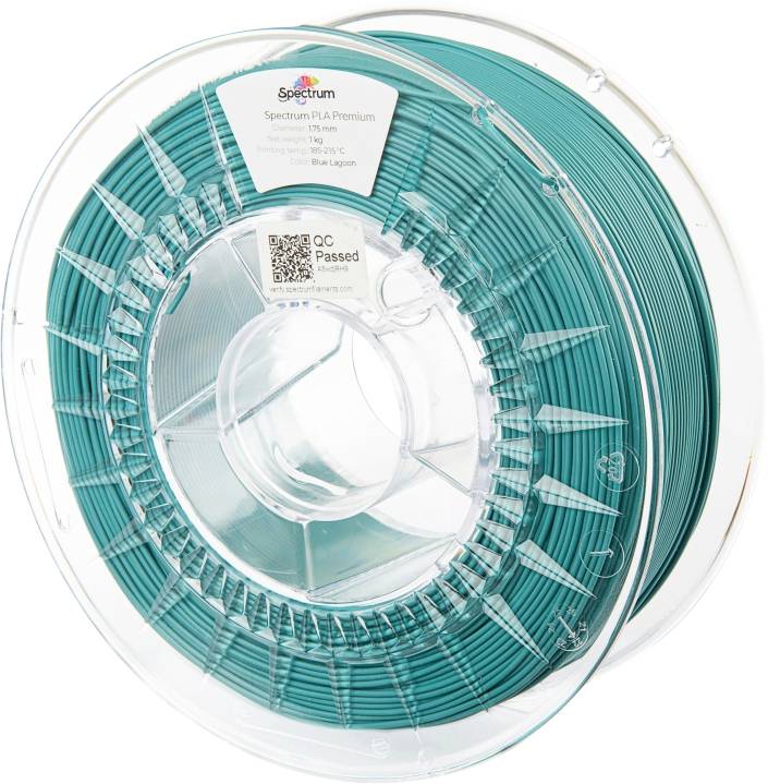 A reel of turquoise filament for 3D printers, wound on a transparent plastic spool, with a 'Spectrum' label.