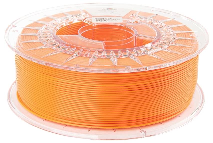 A reel of orange 3D printing filament, wound on a transparent plastic spool.