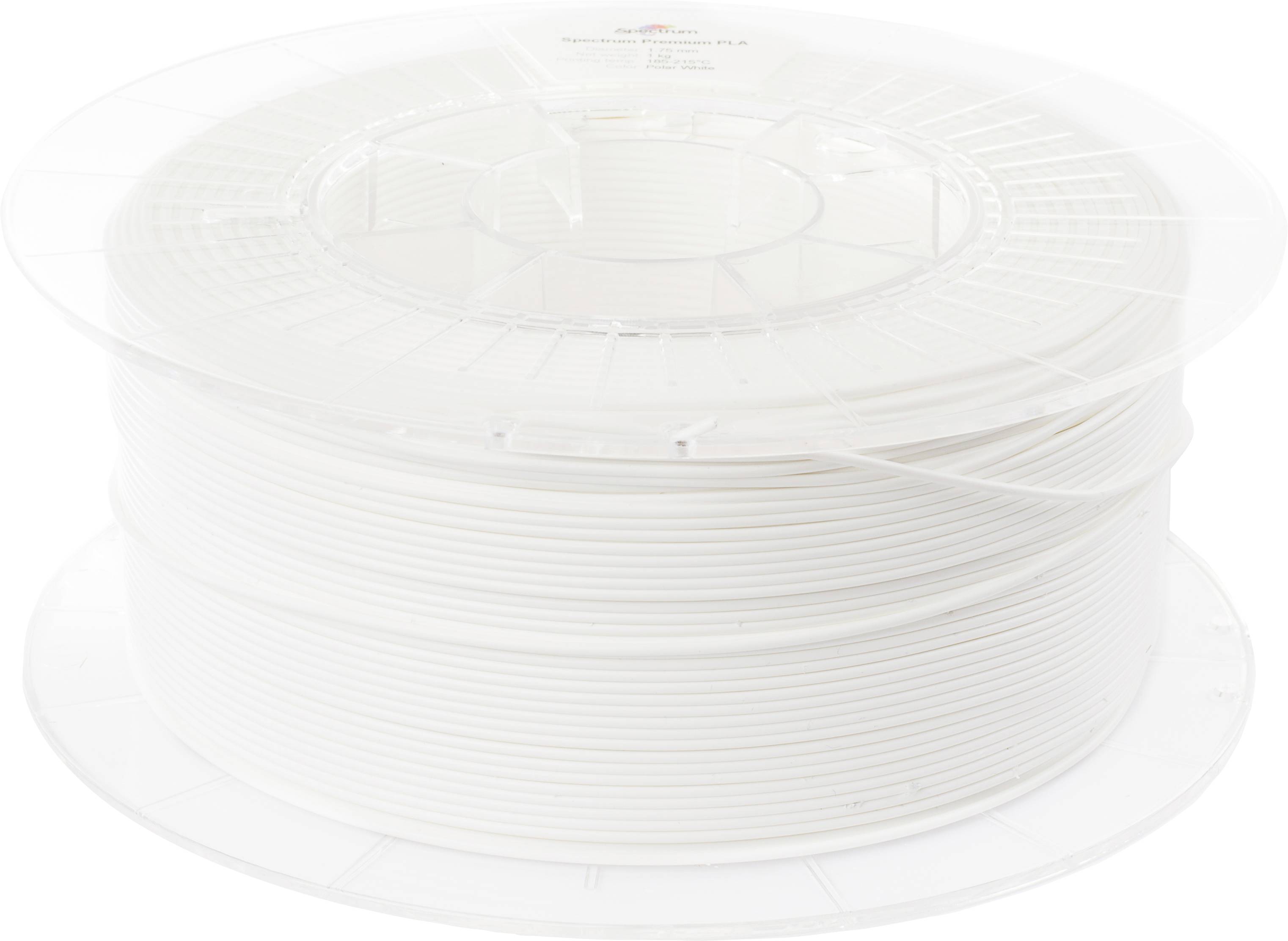 A large spool of white filament for 3D printers, in a transparent plastic packaging on a smooth surface.