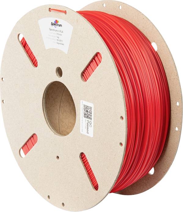 A reel of red 3D printer filament made of PLA material from the Spectrum brand. It has a QR code and relevant labels.