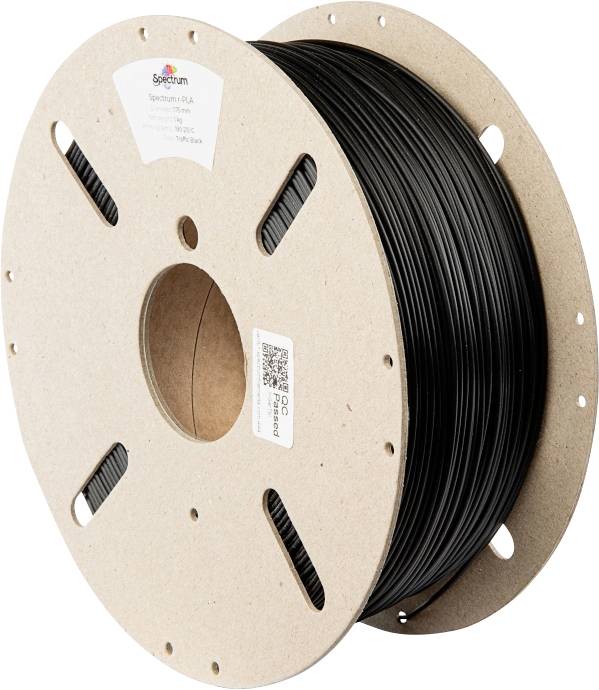 Black 3D printer filament spool made of PLA from 'Spectrum' with label on the cardboard packaging.
