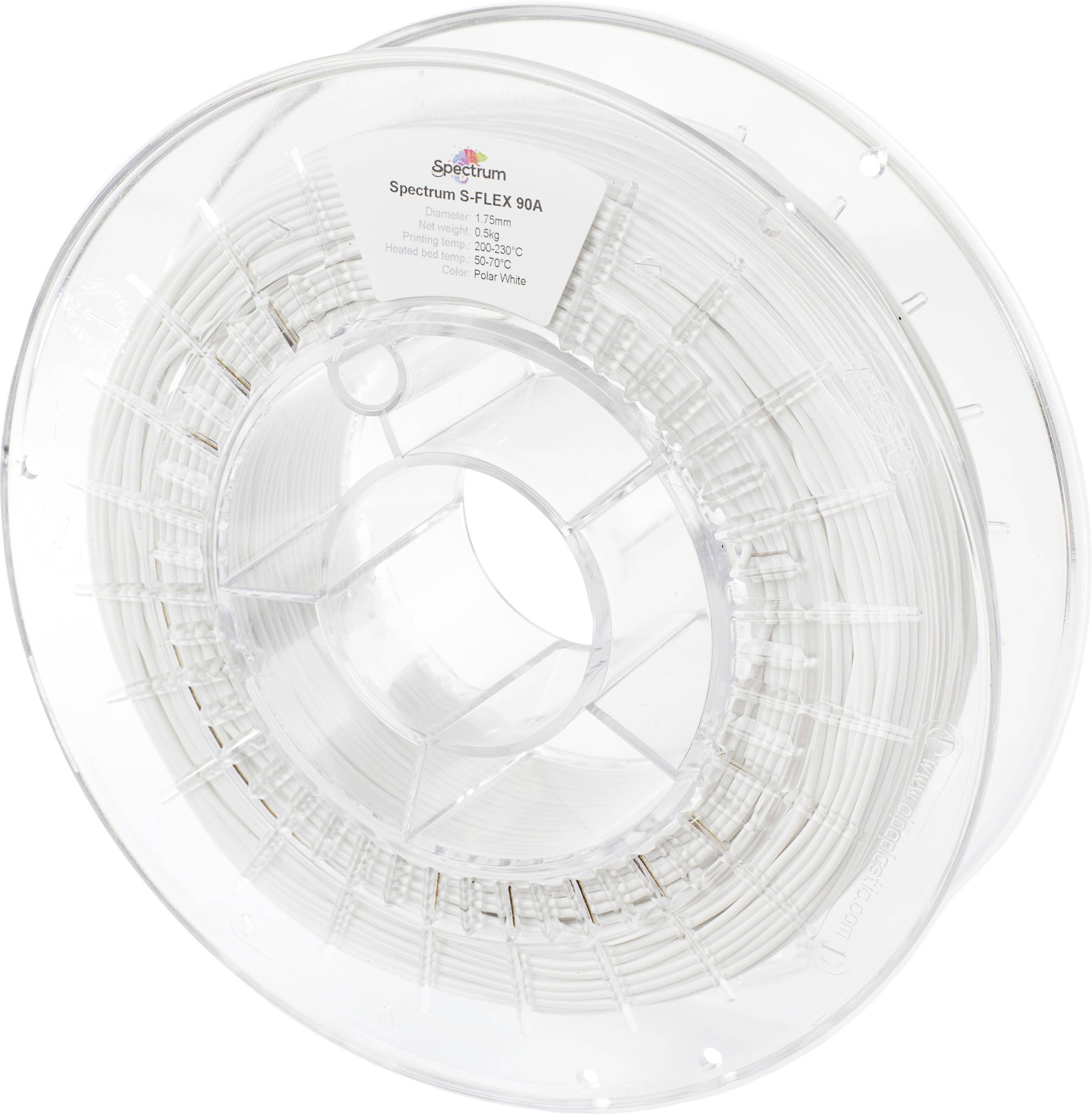A transparent spool of white 3D printer material, with the label 'Spectrum S-FLEX 90A', suitable for 3D printing applications.