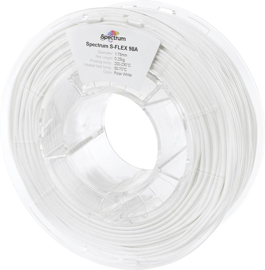 A roll of white 3D printer filament, brand Spectrum S-FLEX 98A, with details such as diameter, length, print bed and heating bed temperature.
