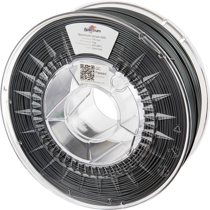 Black 3D printer filament on a plastic spool with label 'Spectrum Smart ABS', diameter 1.75 mm, 1 kg, colour Dark Grey.