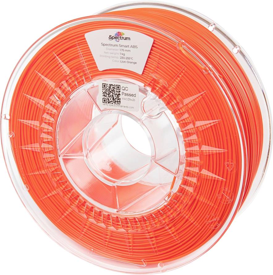 A reel of luminous orange 3D printer filament with a label displaying 'Spectrum Smart ABS' and technical specifications.