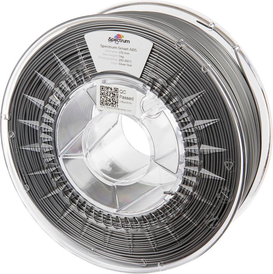 Roll of black 3D printer filament made from ABS plastic, labelled 'Spectrum Smart ABS', diameter 1.75 mm, weight 1 kg.