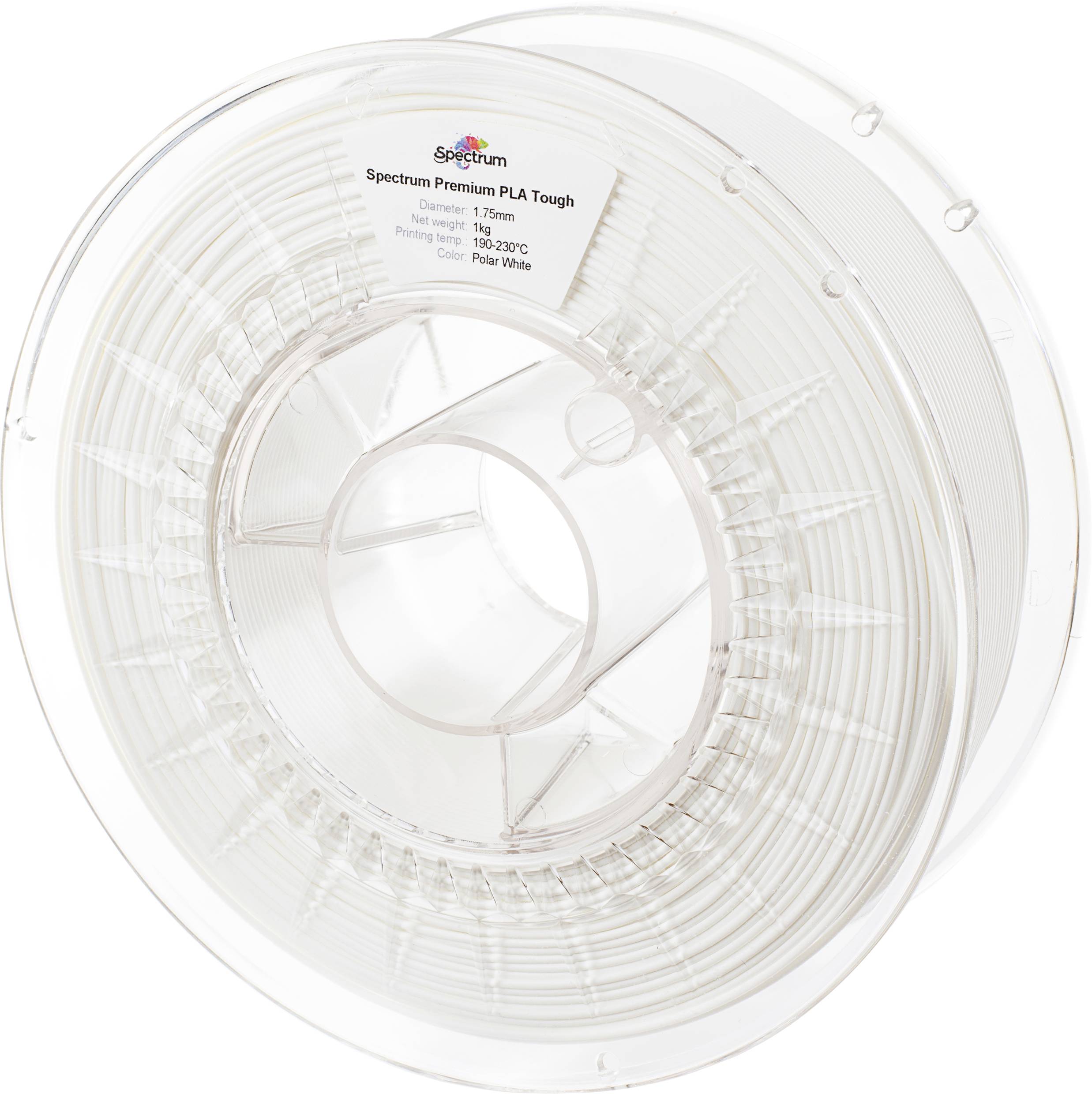 A transparent reel of 3D printer filament, with a label reading 'Spectrum Premium PLA Tough', predominantly white in colour, temperature range 190-220°C.