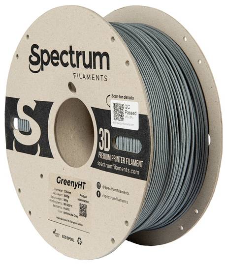Spool of grey 3D printer filament by the Spectrum brand. Label shows brand, product type 'GreenyHT', specifications, QR code and 'QC Passed'.