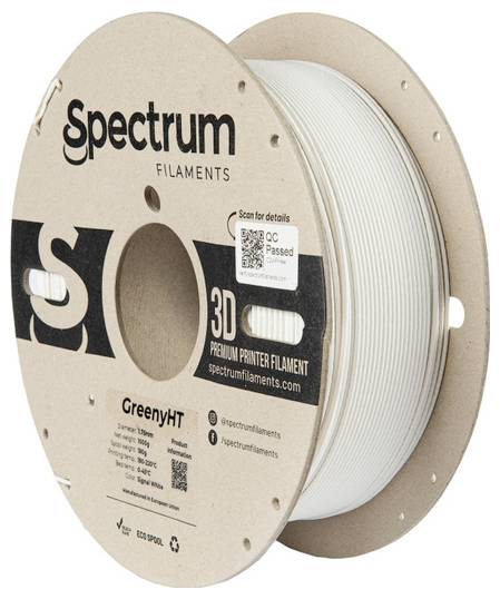 Spool of white 3D printer filament from Spectrum Filaments. Label shows logo, QR code and inscription 'QC Passed'.