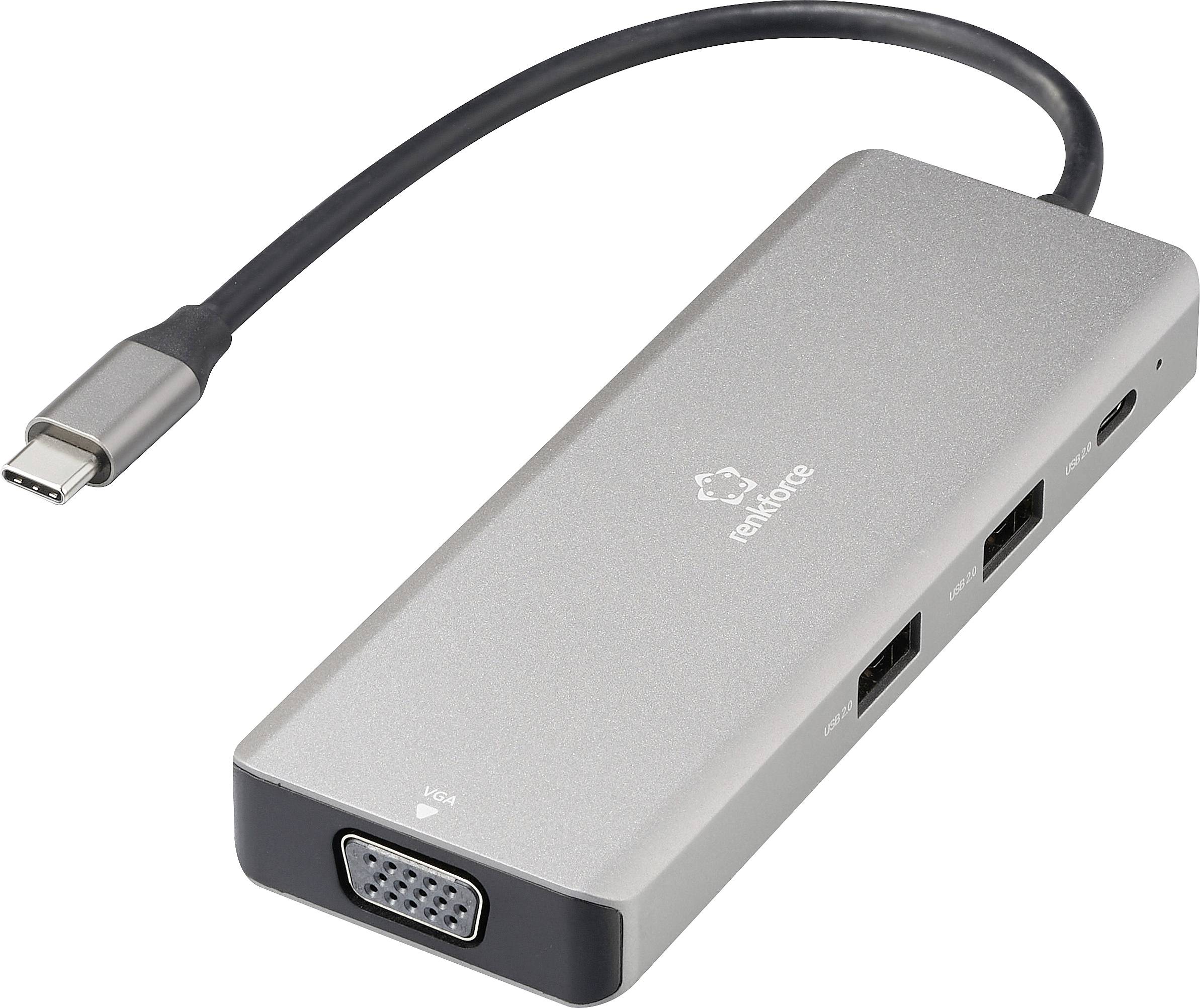 A silver USB-C hub with multiple ports, including VGA, USB, and HDMI connections, designed for versatile connectivity.
