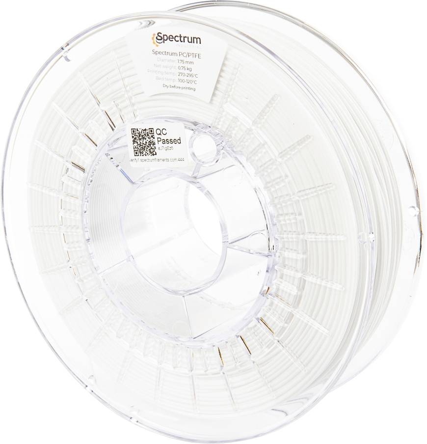 Transparent spool with white 3D printing filament, 1.75 mm thickness, label with technical details and QR code, 'QC Passed' notice.