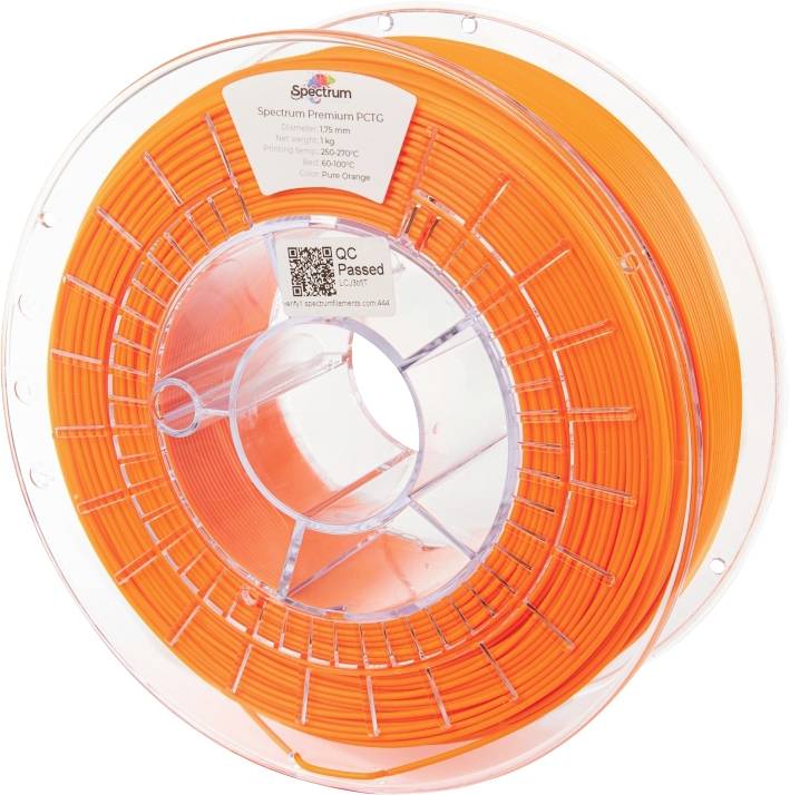 Orange 3D printer filament spool made of PCTG material, 1.75 mm diameter, suitable for temperatures between 220-260°C.