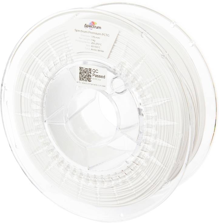Spool of white 3D printer filament, brand label visible at the top. Label displays technical details such as material and temperature range.