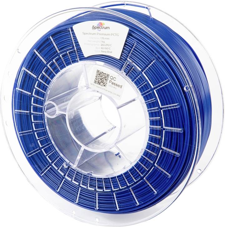 Spool of blue 3D printer filament by Spectrum brand, marked as Premium PETG. Suitable for 3D printing at 230-240°C.
