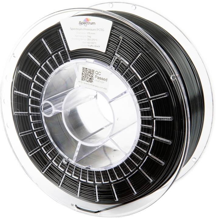 Black 3D printer filament reel made of PETG with label 'Spectrum Premium PETG 1.75 mm'.