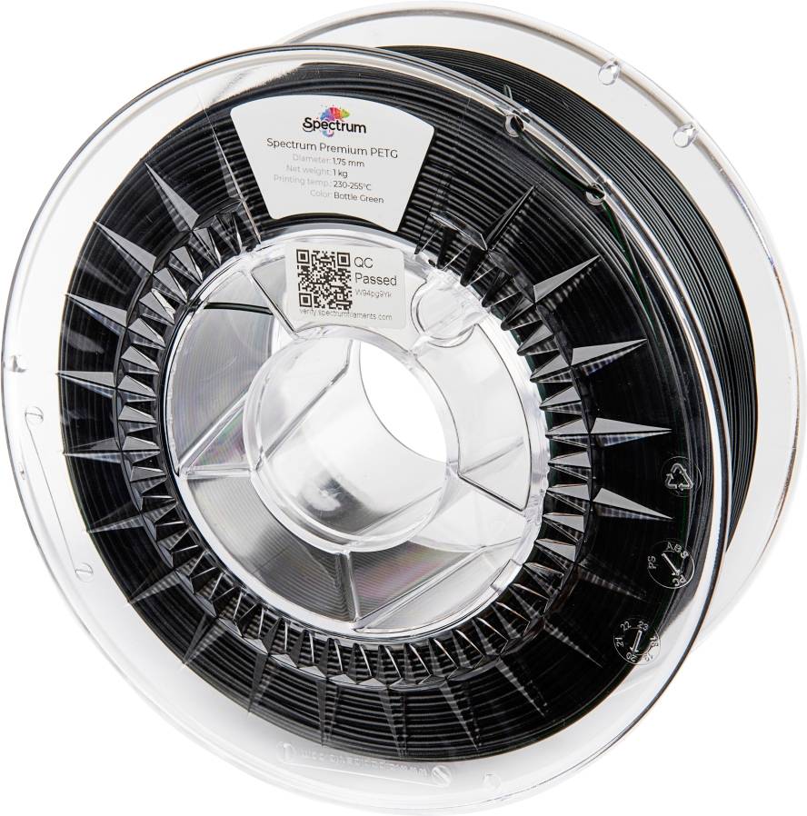 Black 3D printer filament spool by Spectrum Premium PETG, 1 kg. The label displays print temperatures and a QR code for additional information.