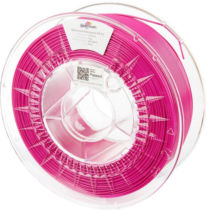 Roll of pink 3D printer filament made from PETG, label with specifications and QR code visible, from the brand 'Spectrum'.