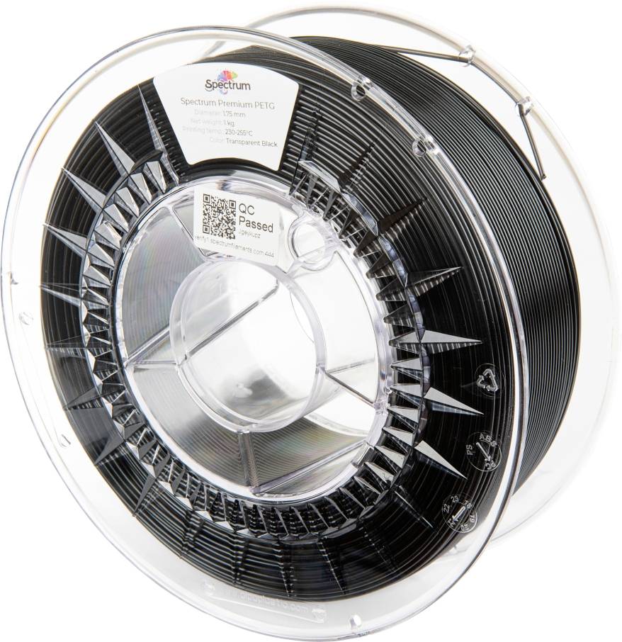 Black PETG filament spool by Spectrum Premium, transparent design, 1.75 mm diameter, suitable for 3D printers.