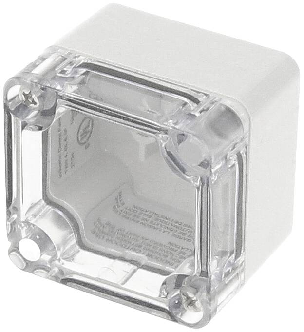 Transparent, square plastic cover with screws, designed to protect electrical connective points.