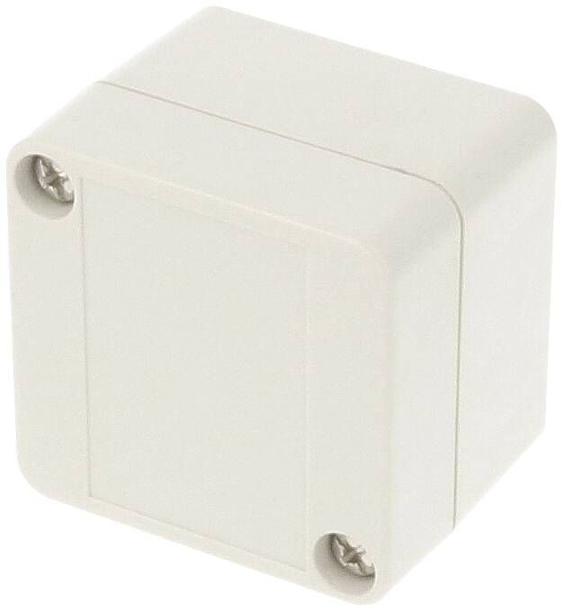 White plastic junction box with screws in two corners. Used for electrical connections and cable management.