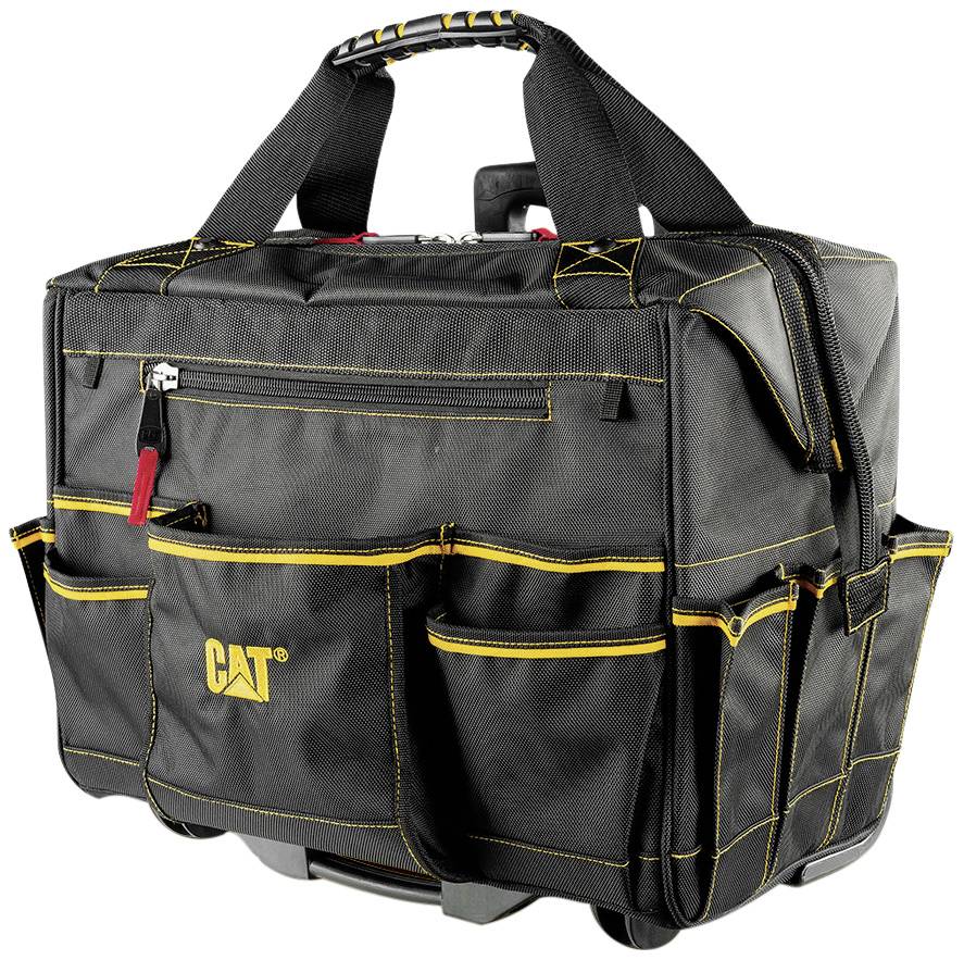 A black tool bag with multiple pockets, yellow stitching and a CAT logo on the front. It has carrying handles and is spacious.
