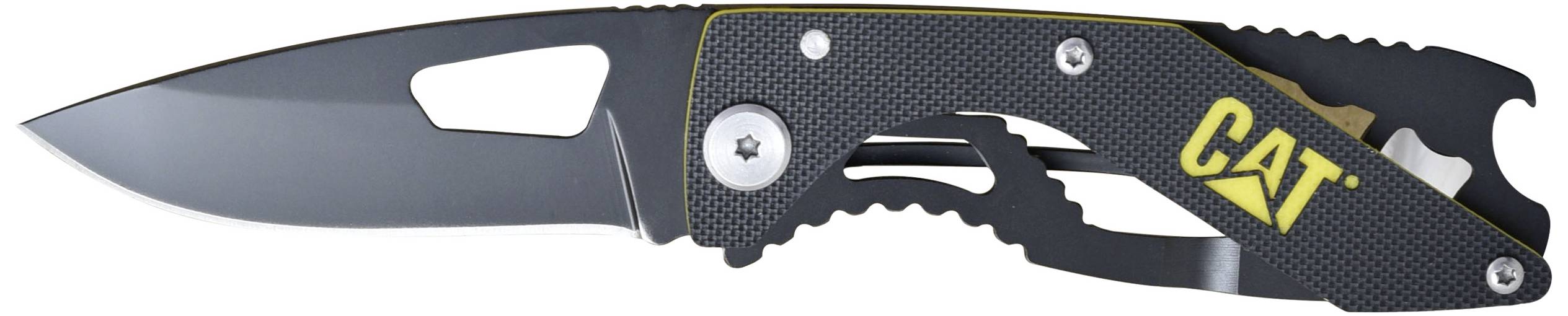 Folding knife with a black blade and handle; yellow 'CAT' logo on the handle.
