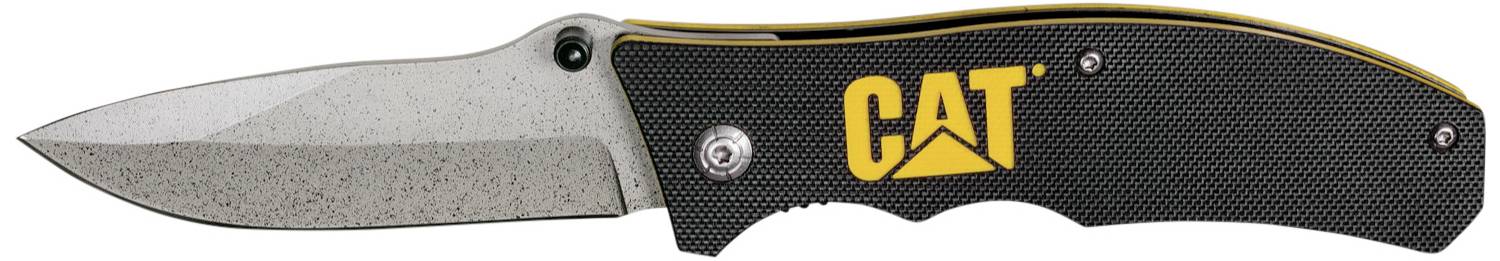 A folding knife with a grey blade and black handle, on which 'CAT' is written in yellow.