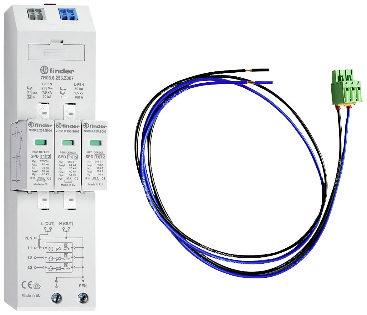 Surge protection device with three modules on the left and a cable with a plug connection on the right. Device for preventing overcurrent.
