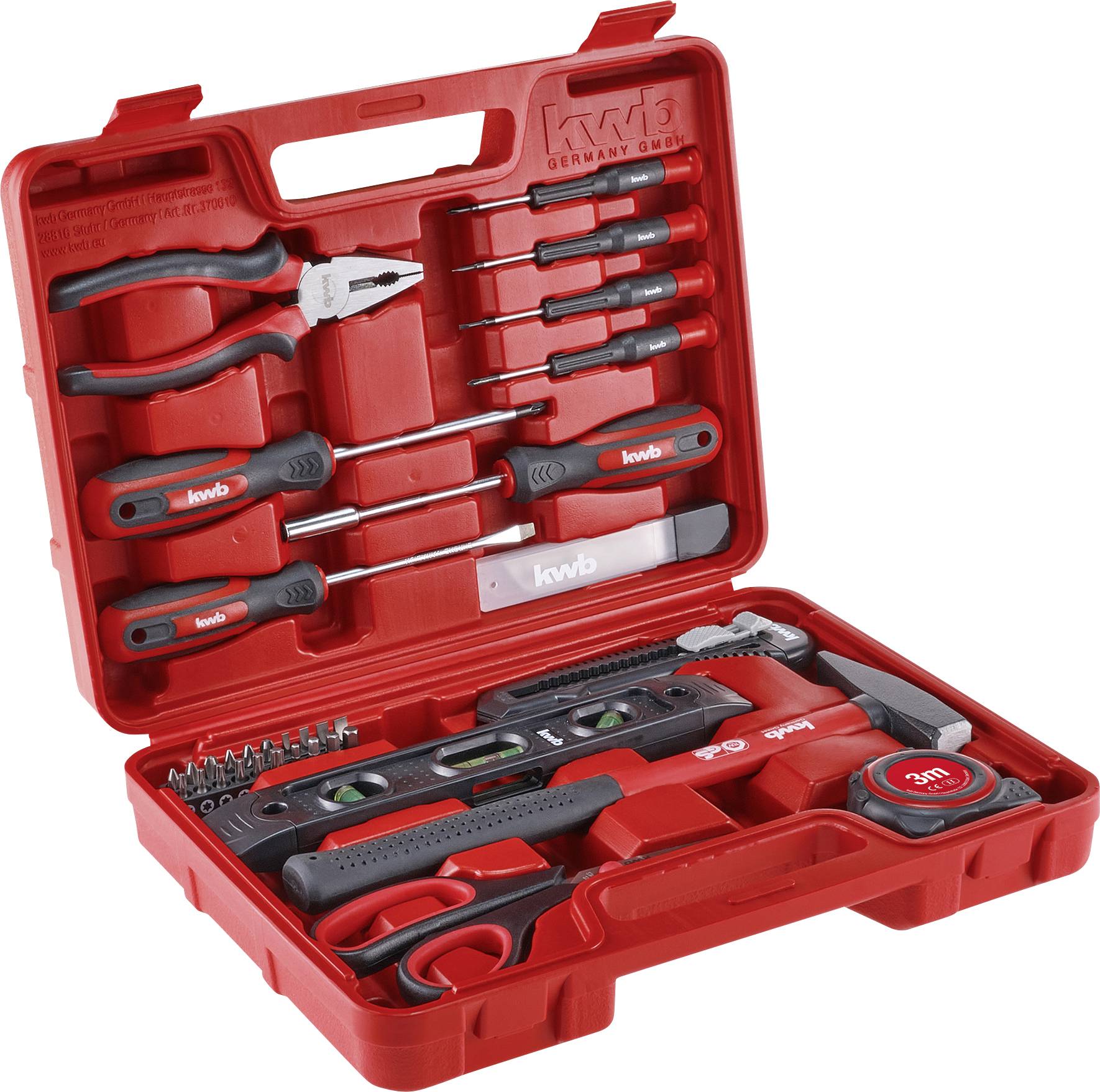 Red tool kit with pliers, screwdrivers, hammer, measuring tape, and other tools organized neatly inside a plastic case.