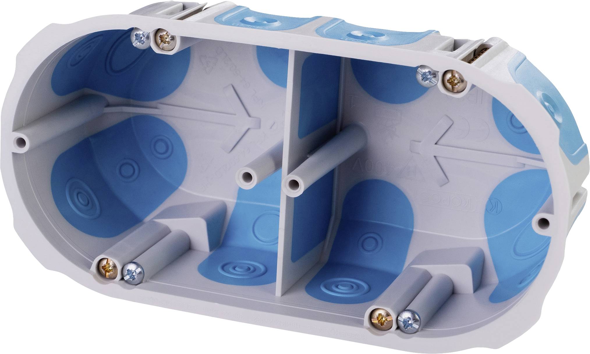 Electrical flush-mounted socket box with blue internal lining, two compartments separated by dividers, four fixing screws at the corners.