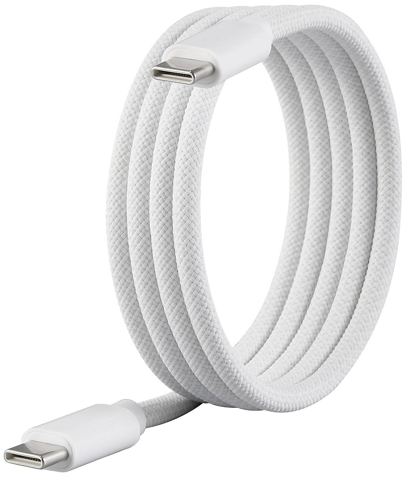 A white, braided USB-C cable coiled in a loop, ready to connect to electronic devices.