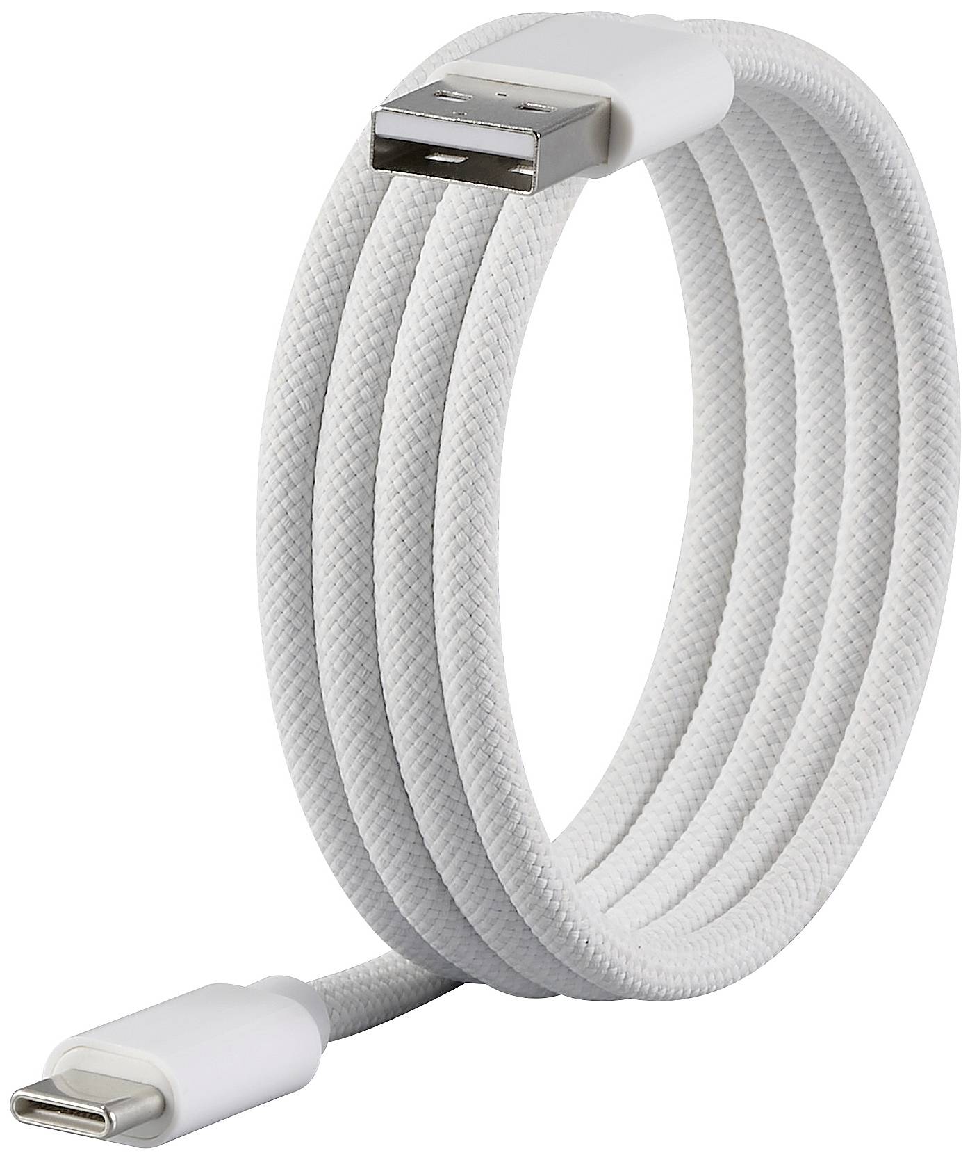 A white, braided USB-C to USB-A cable, coiled and standing upright, shown against a white background.