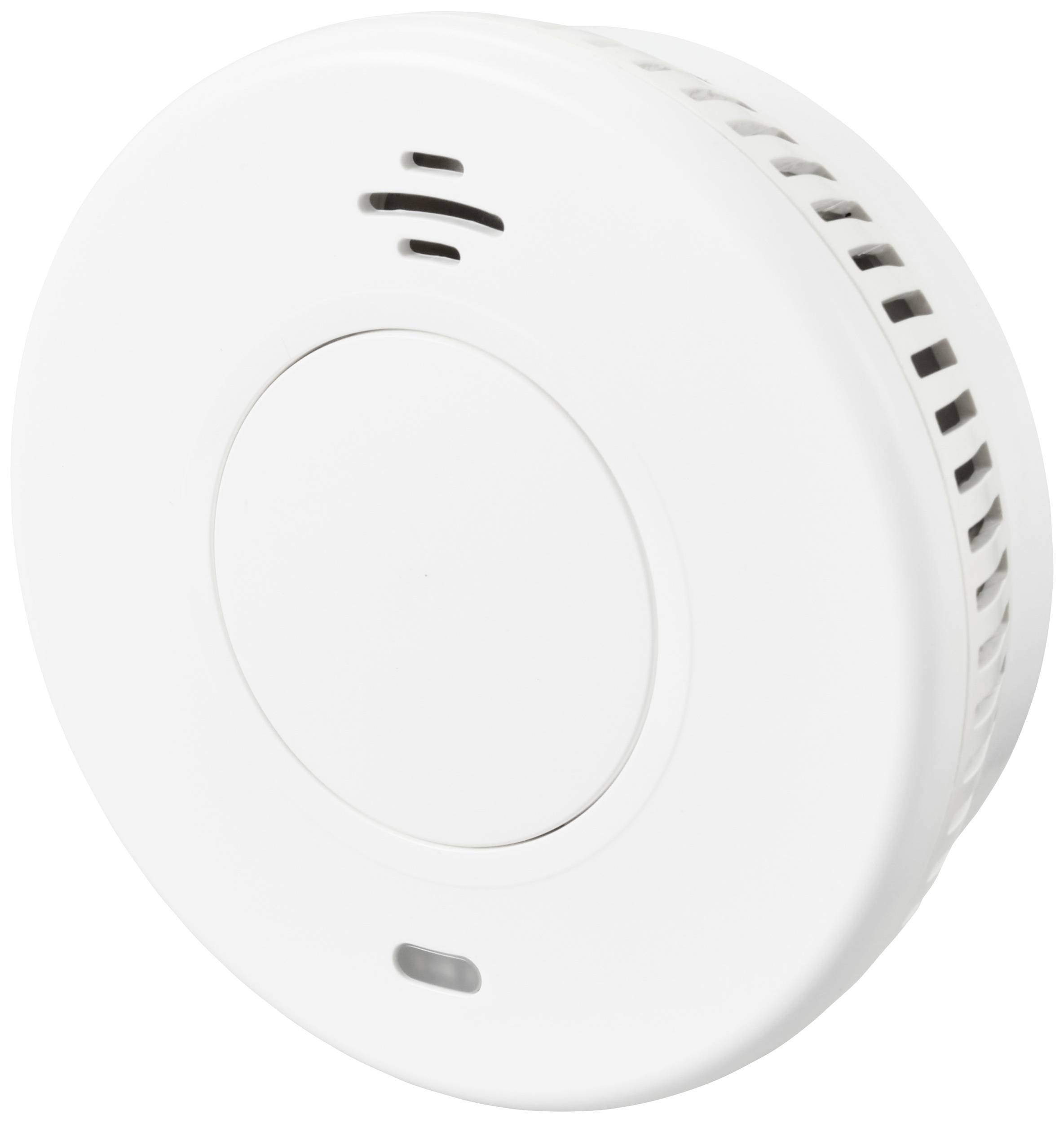 A white smoke detector with ventilation slots, a central button, and an LED indicator for detecting smoke and warning of fire.