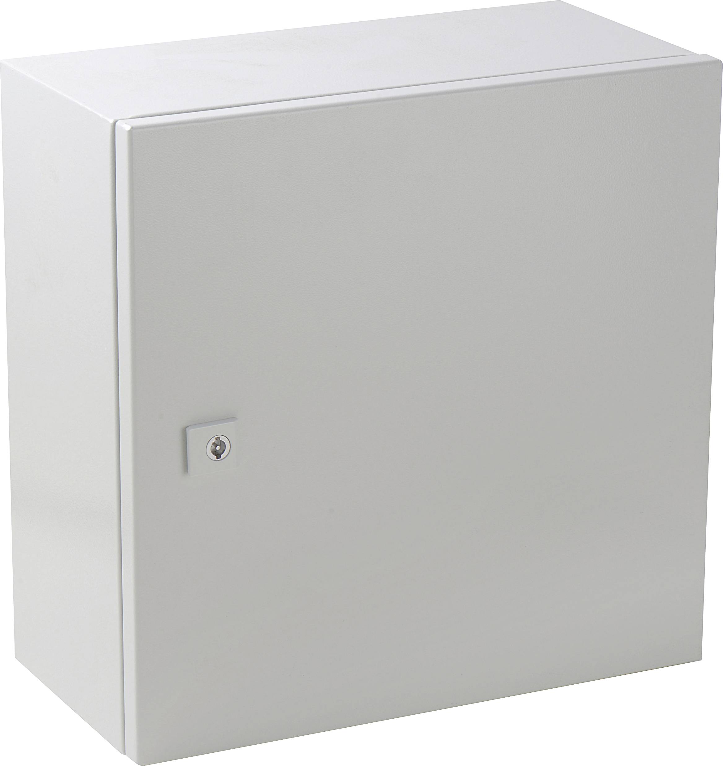 Metal cabinet with a lock on the front, used for securely storing items or documents.