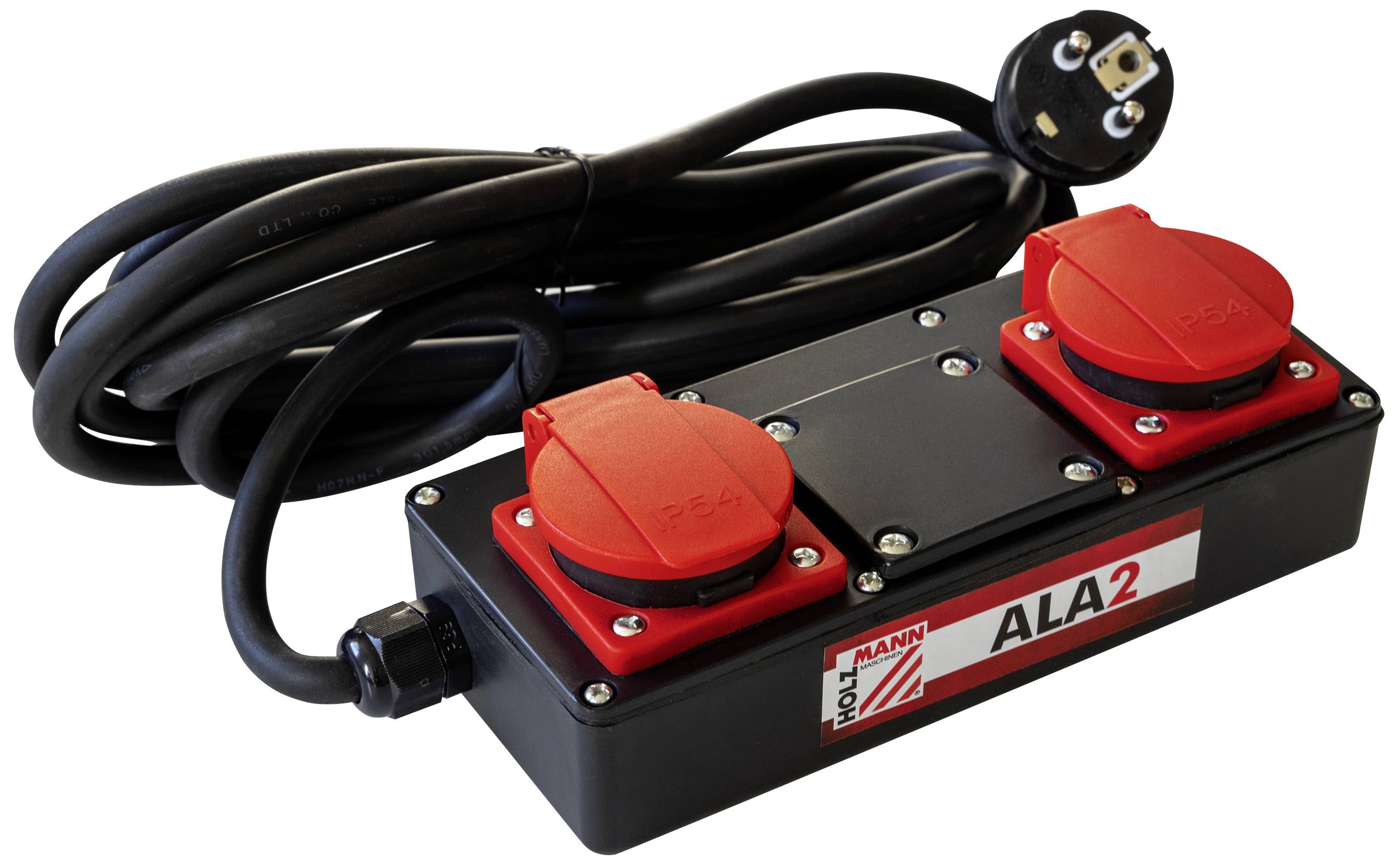Black multi-socket extension with two red sockets and a long cable, suitable for industrial applications. Brand print 'ALA2'.