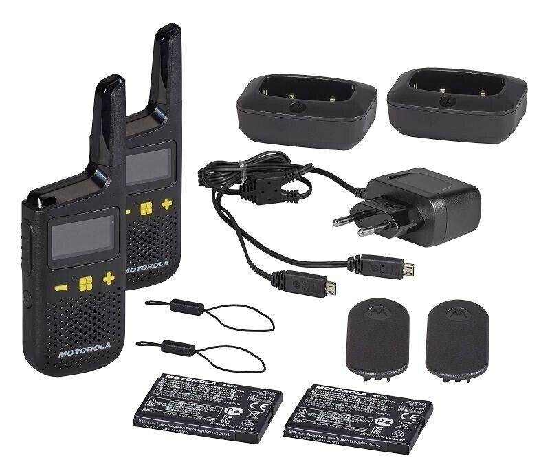 Walkie-talkie set including chargers, batteries and clips. Two two-way radios with display and buttons for radio communication.