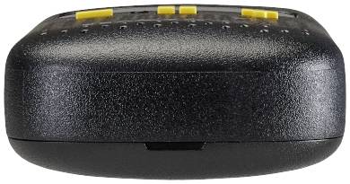 A black remote control with yellow buttons on top, viewed from the front.